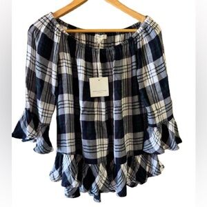 Beachlunchlounge Navy and White Plaid Off Shoulder Crinkle Blouse